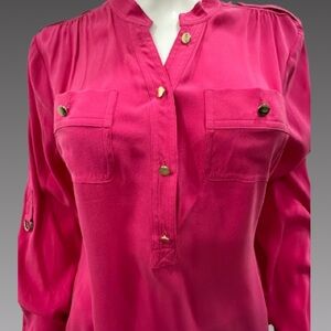 Cache Fuchsia Button-Up Silk Blouse